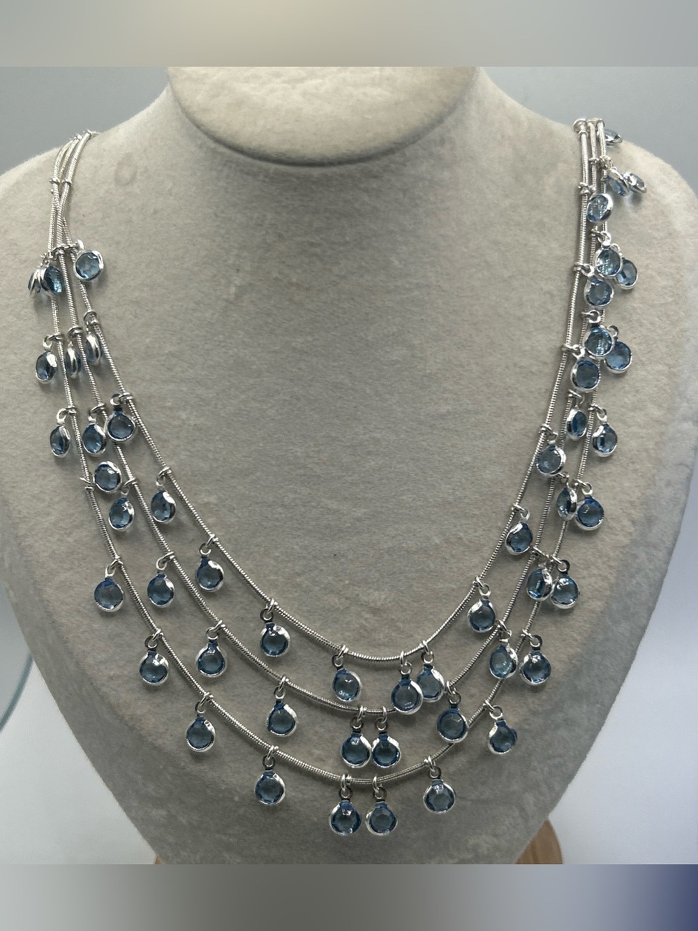Vintage Anne Klein 3 Strand Necklace W/ Dangle Bezel Set Blue Beads Silvertone